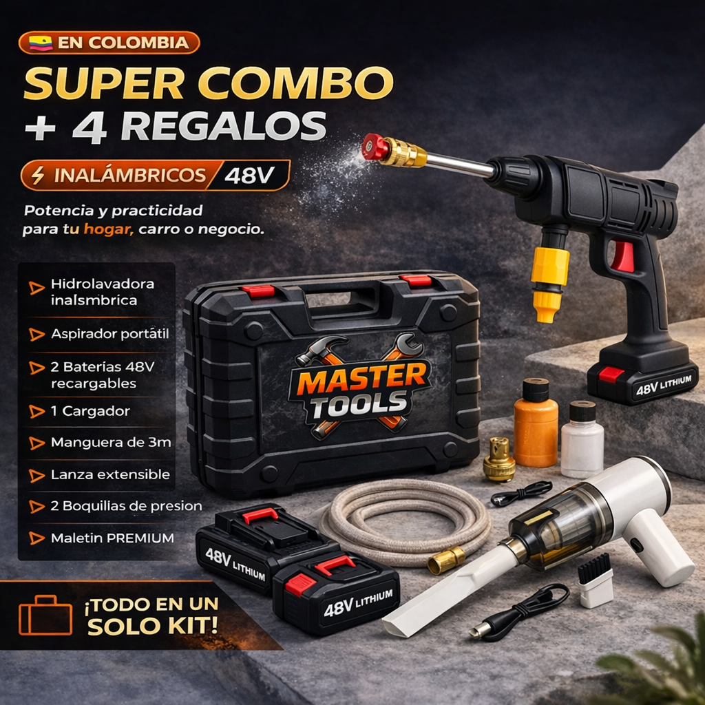 COMBO : Hidrolavadora + (Aspiradora Portátil + Doble Batería + Maletín)